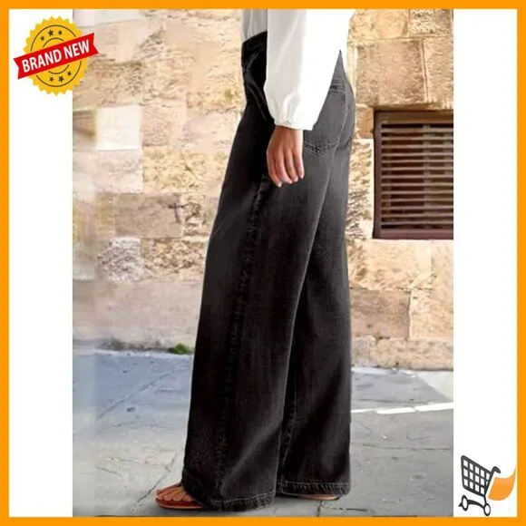 Mid Waist Wide Leg Jeans with Stitch Decor Washed Denim Pants - Picture 3 of 6